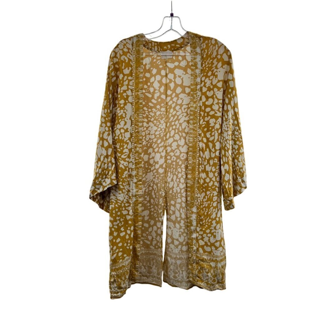 Dee Elly Women's Open Front Lightweight Kimono Mustard/White Size Small